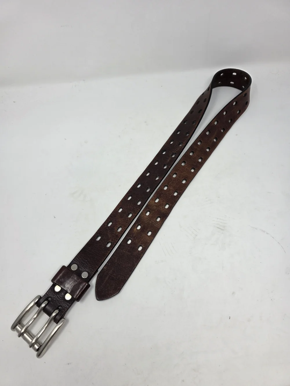 Mens Leather Belt Double Prong Buckle Distressed Brown Utility Fits 38